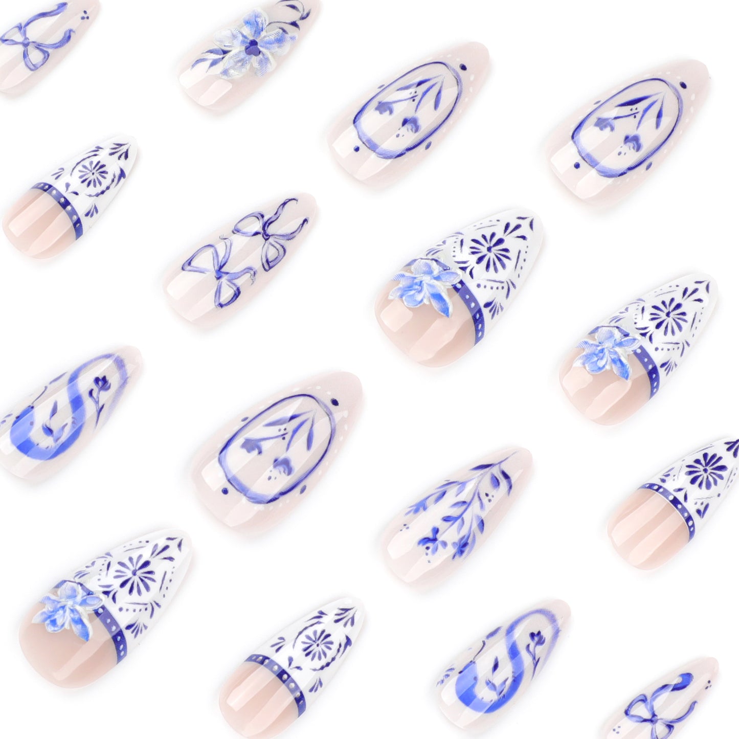 Blue and White Porcelain Almond 24PCS Free Size Press on Nails JP3889