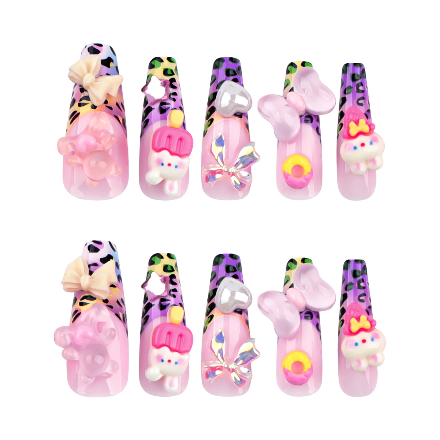 3D French Colorful Leopard Print Coffin 24PCS Free Size Press on Nails JP2797
