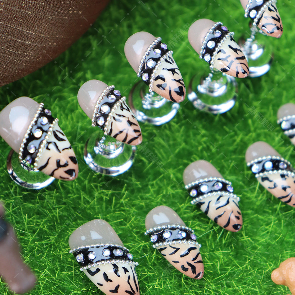 Maillard Zebra Pattern Rhinestones Handmade Almond Press On Nails  A1199
