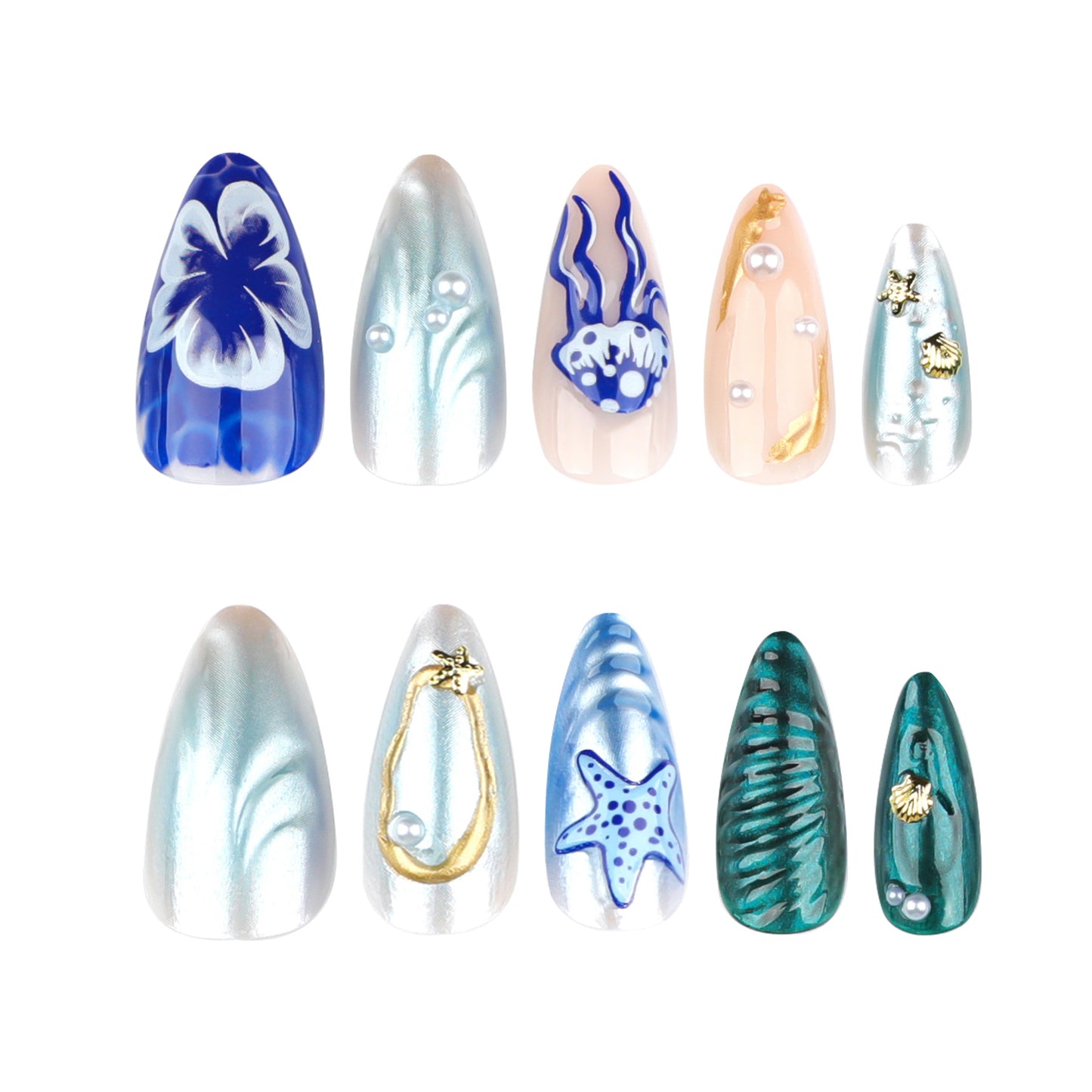 3D Marine Life Almond 24PCS Free Size Press on Nails JP3646