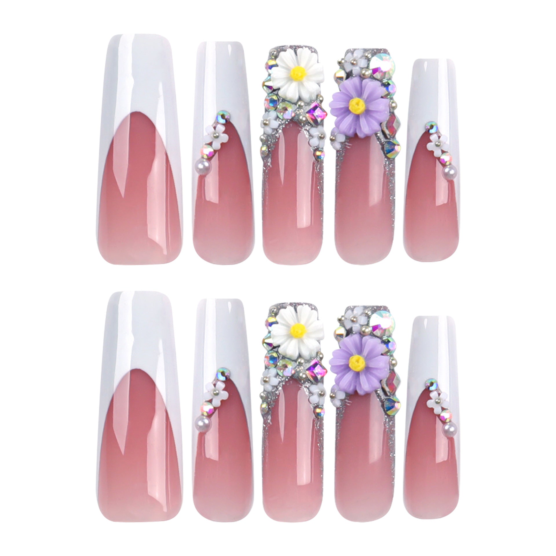 French Flower Glitter Extra Long Duckbill Press On Nails - NoirNail