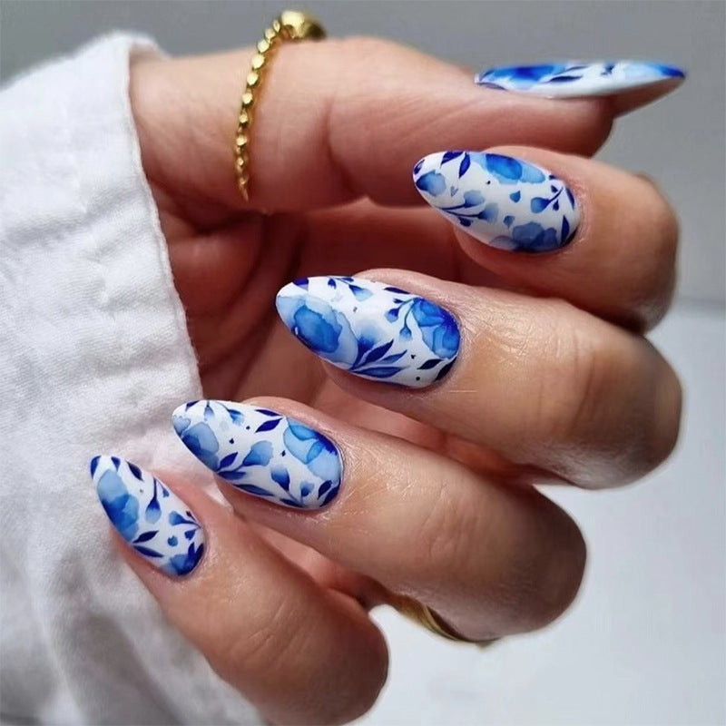 Mediterranean Blue and White Misty Oval Press On Nails - NoirNail