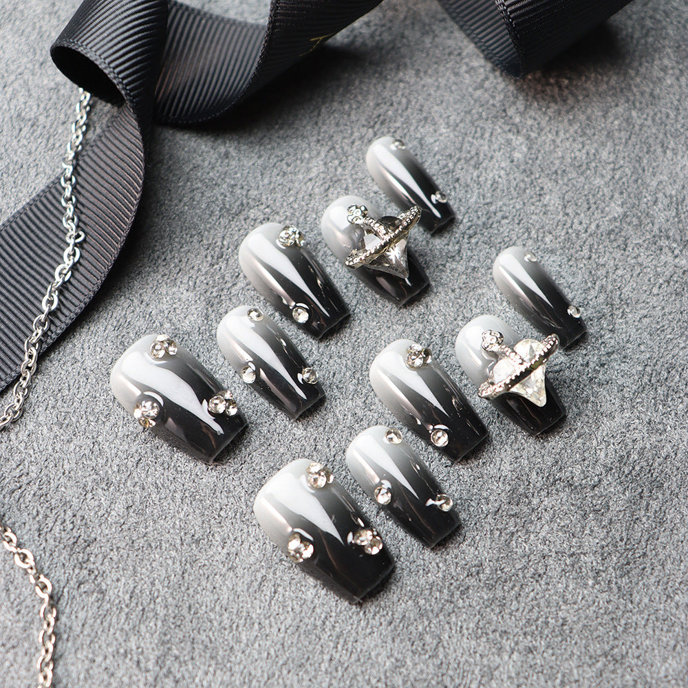 Black Velvet Rhinestones Y2K Handmade Coffin Press On Nails 114