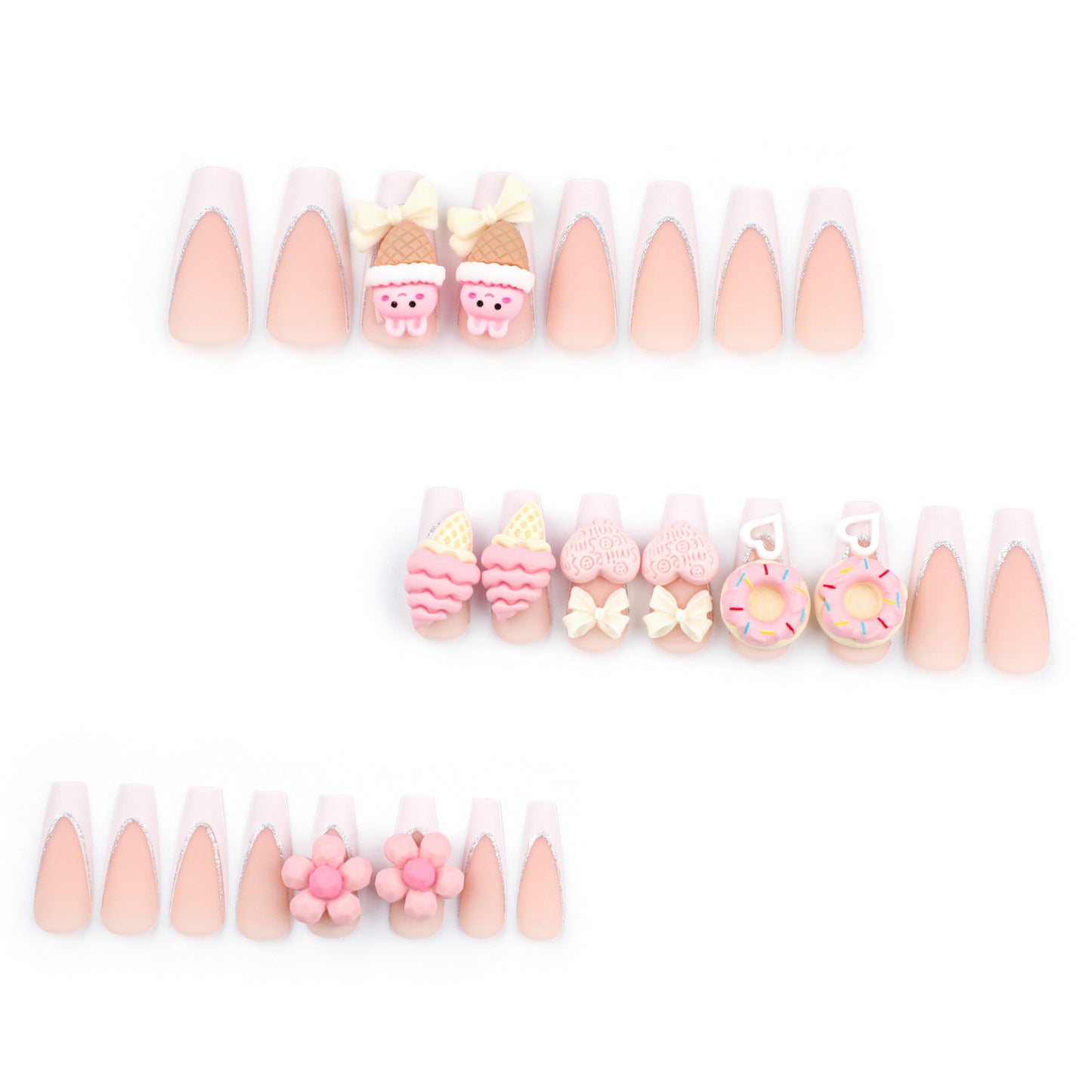 3D Pink Ice Cream Cone Coffin 24PCS Free Size Press on Nails JP2803