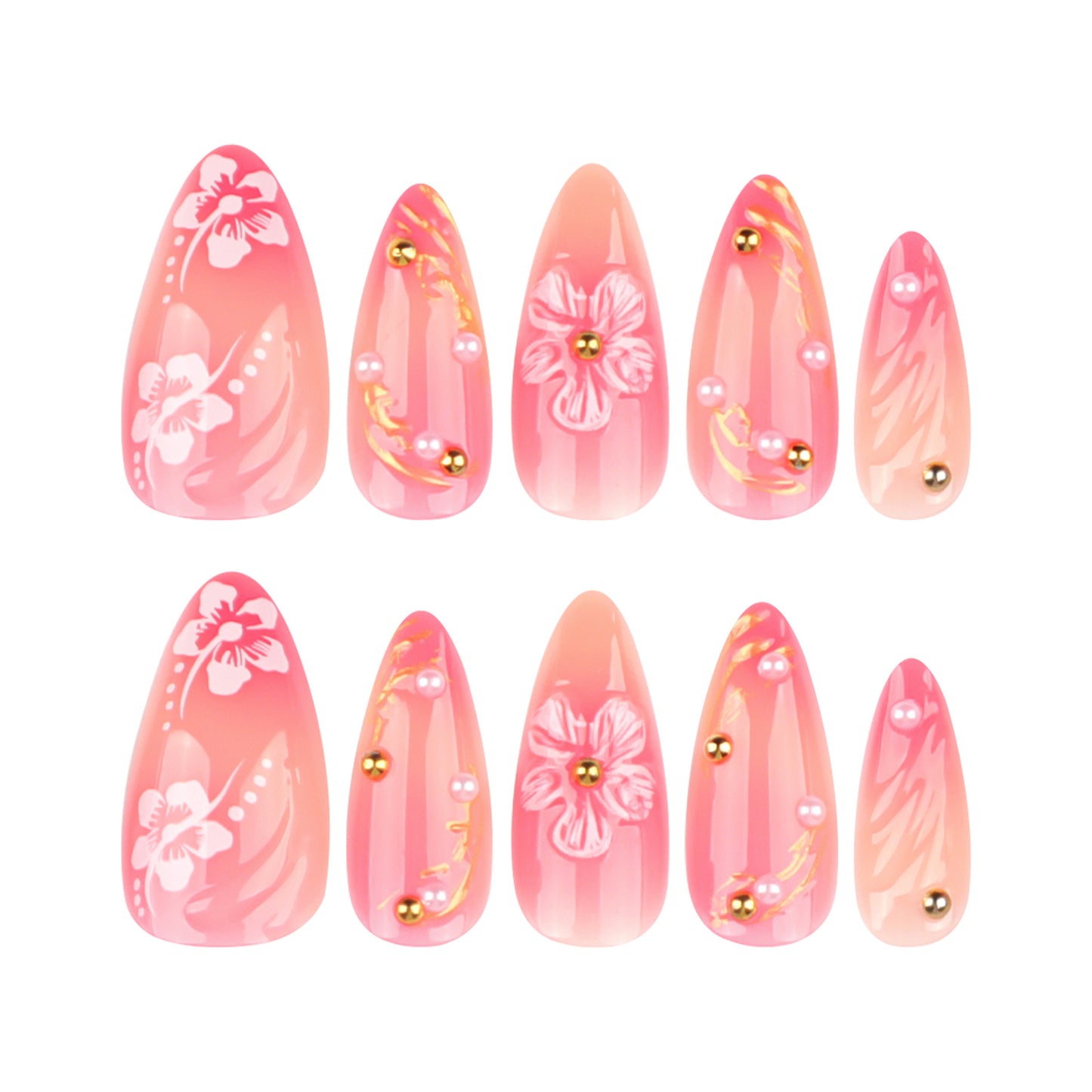 Summer 3D fresh flowers Almond 24PCS Free Size Press on Nails JP3881