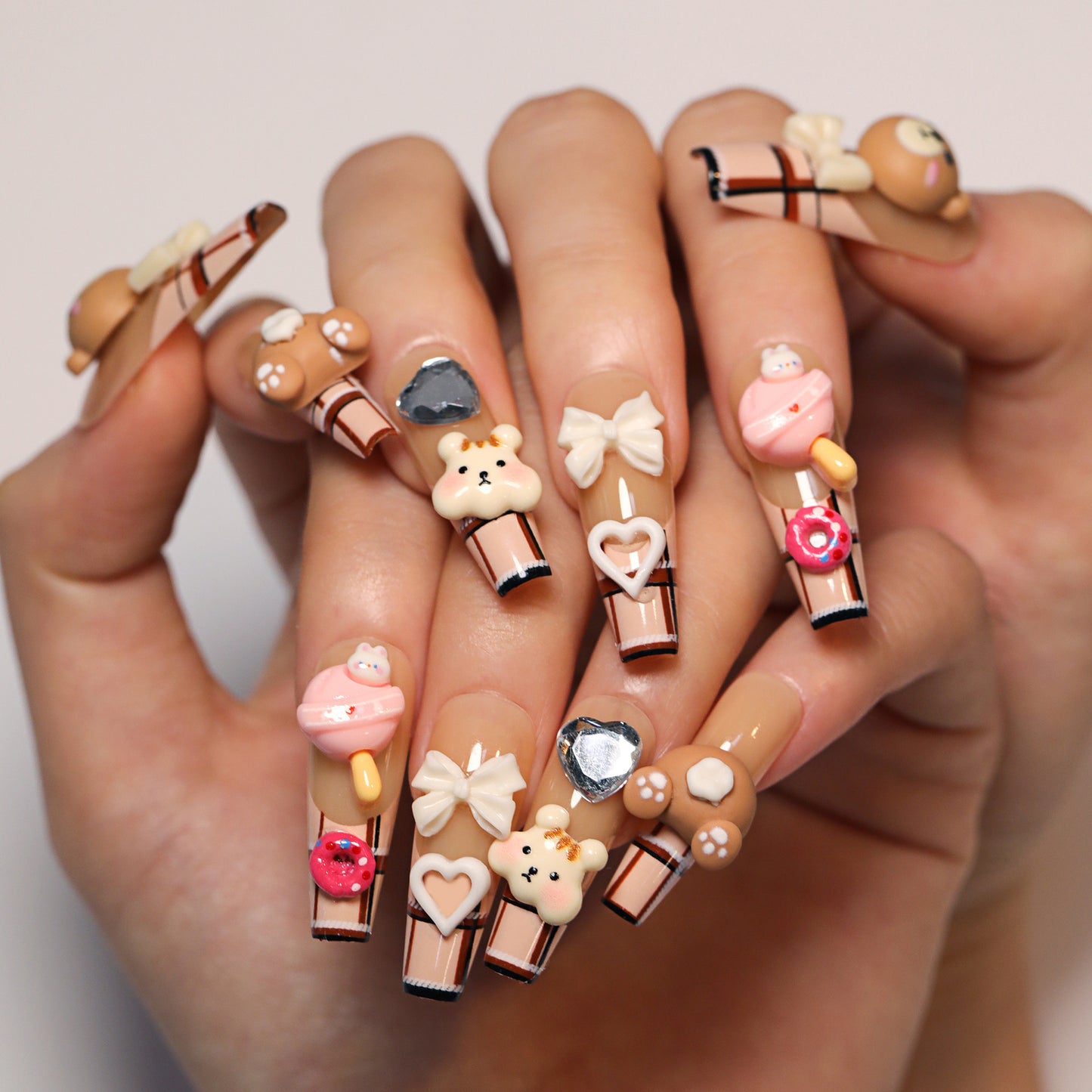 3D Cute Bear French Plaid Coffin 24PCS Free Size Press on Nails JP2796