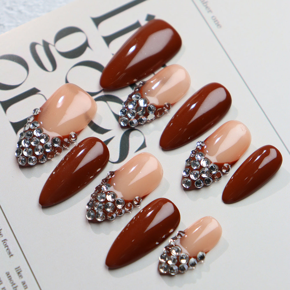 Chocolate Sauce French Tip Rhinestones Handmade Almond Nails A811 - NoirNail