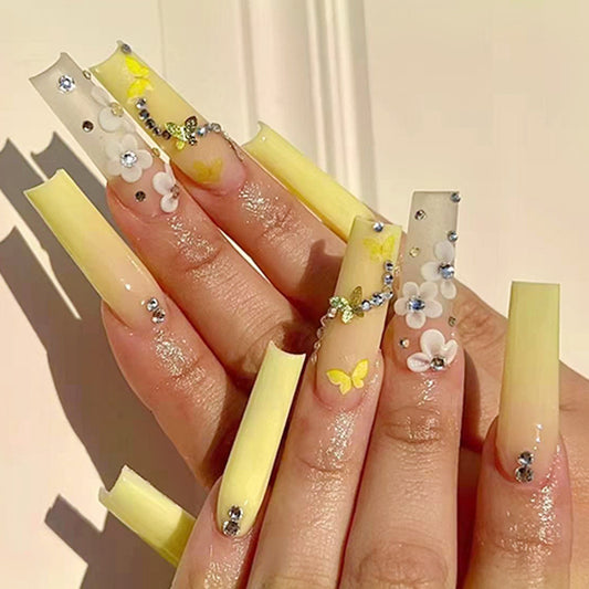 Yellow Butterfly Rhinestone Extra Long Coffin Press On Nails - NoirNail