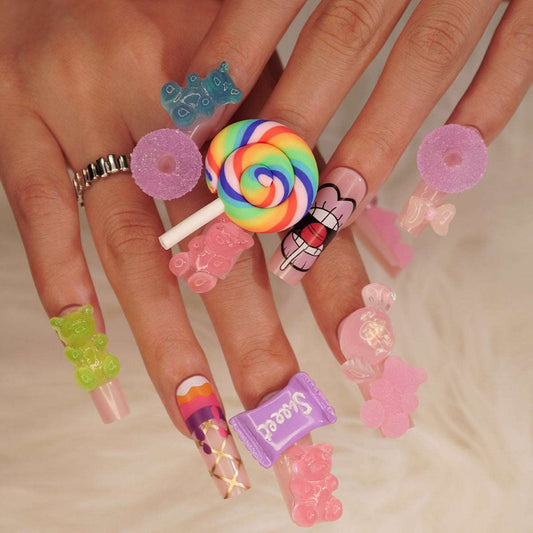 3D Colorful Gummy Bears Extra Long Coffin Press On Nails