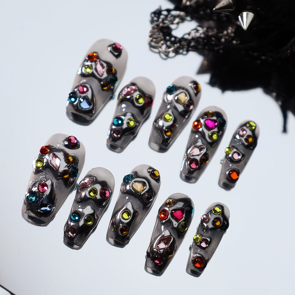 Punk Futuristic Colorful Gems Y3K Handmade Coffin Press on Nails A793