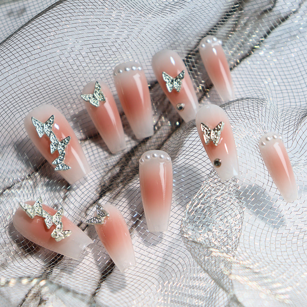 Desert Rose Butterfly rhinestones Handmade Coffin Press On Nails A61