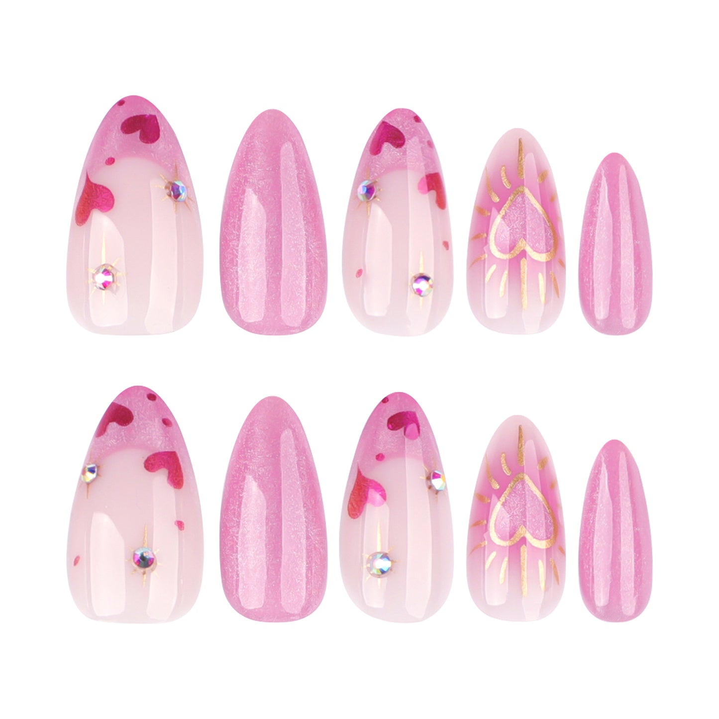 French Pink Cat Eye Heart Shape Almond 24PCS Free Size Press on Nails JP3848