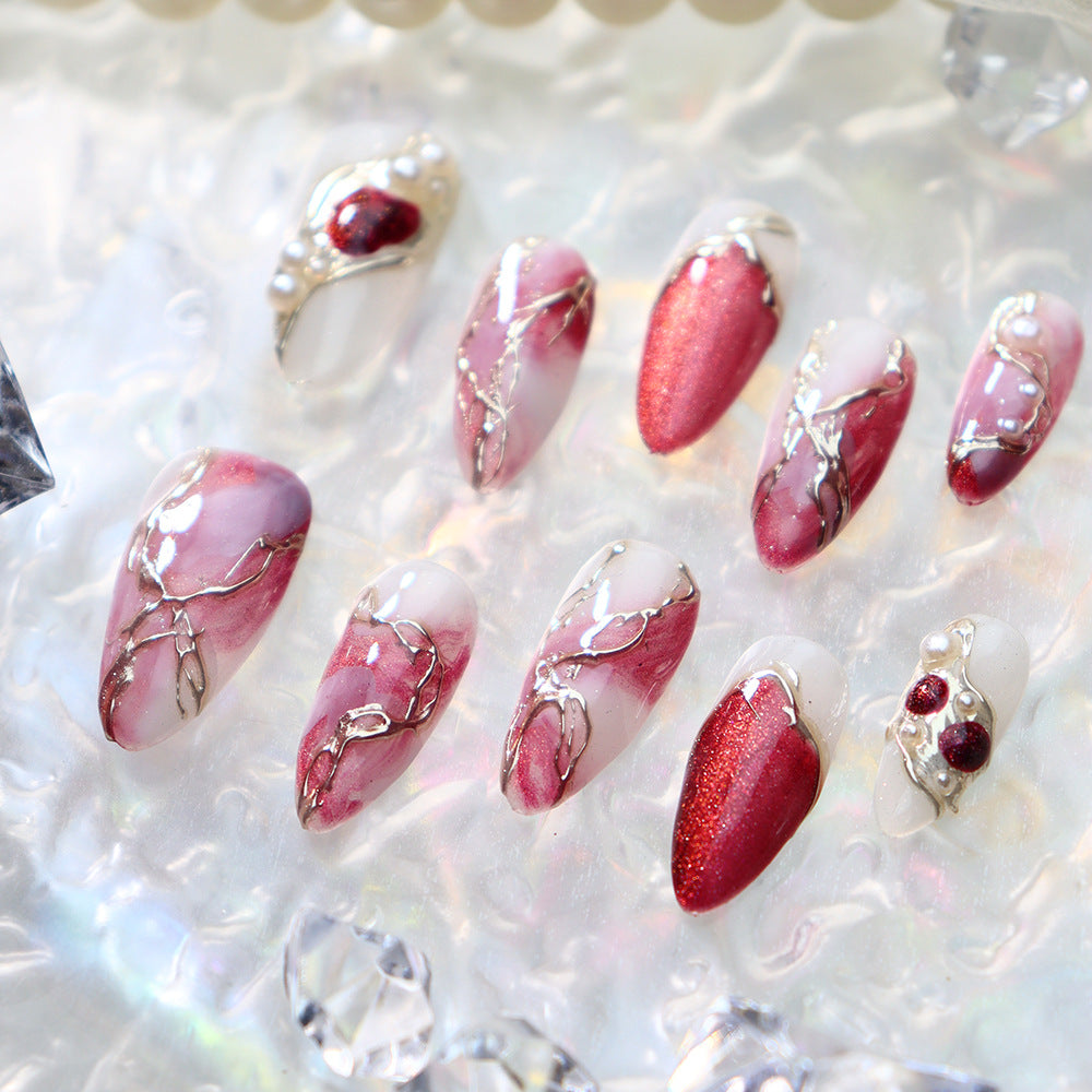 Red Agate Handmade Almond  Nails  A689 - NoirNail