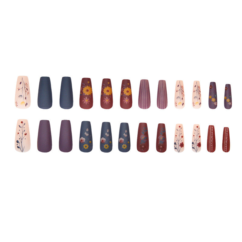Retro Frosted Floral Stripes Coffin 24PCS Free Size Press on Nails W1809
