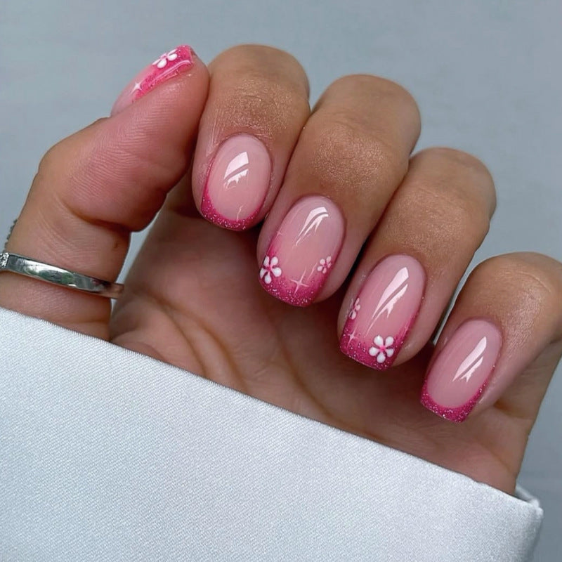 French Rose Red Glitter Square 24PCS Free Size Press on Nails JP3936