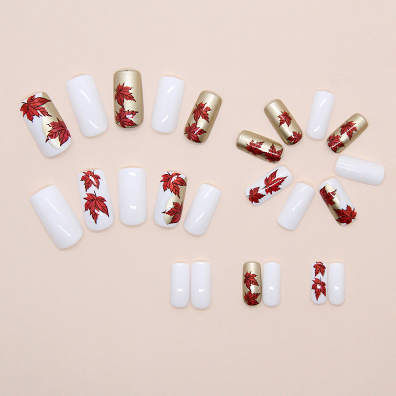 Red Maple Leaf Square 24PCS Free Size Press on Nails W1860