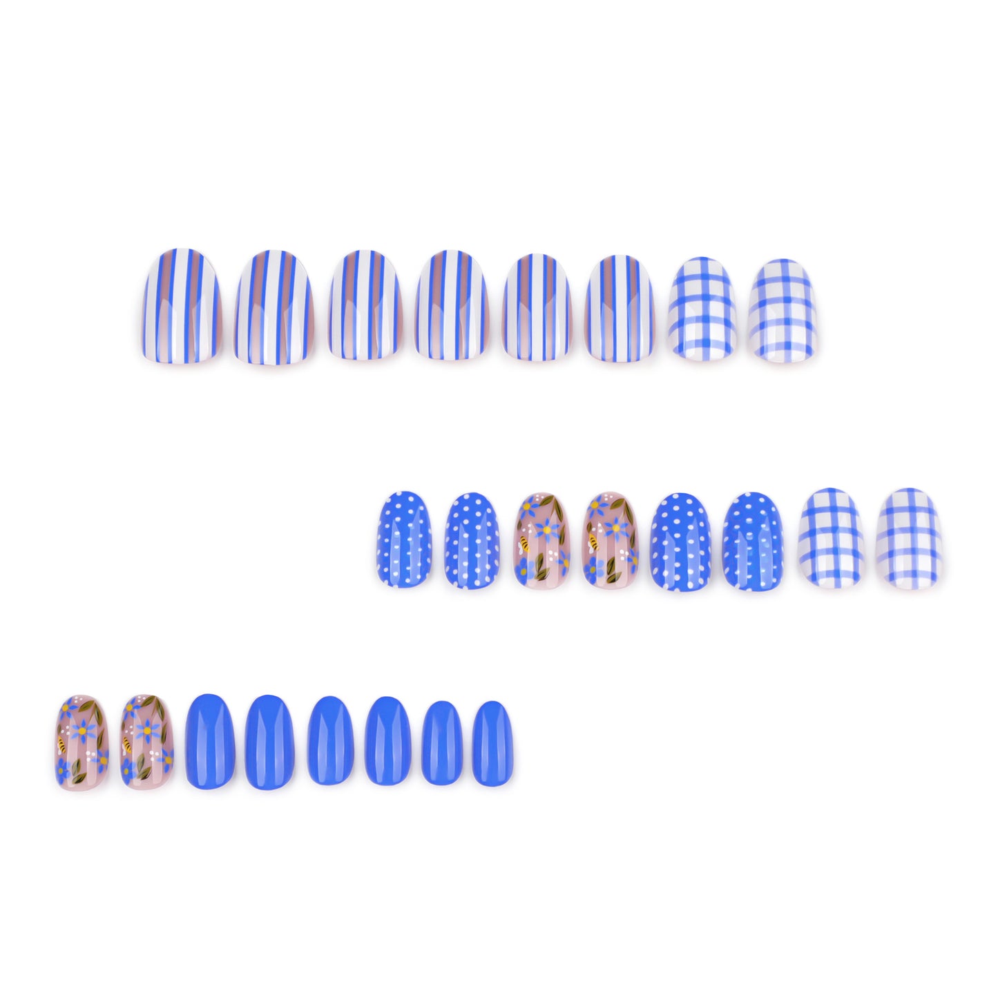 Blue and White Checkered Stripes Oval 24PCS Free Size Press on Nails JP3960
