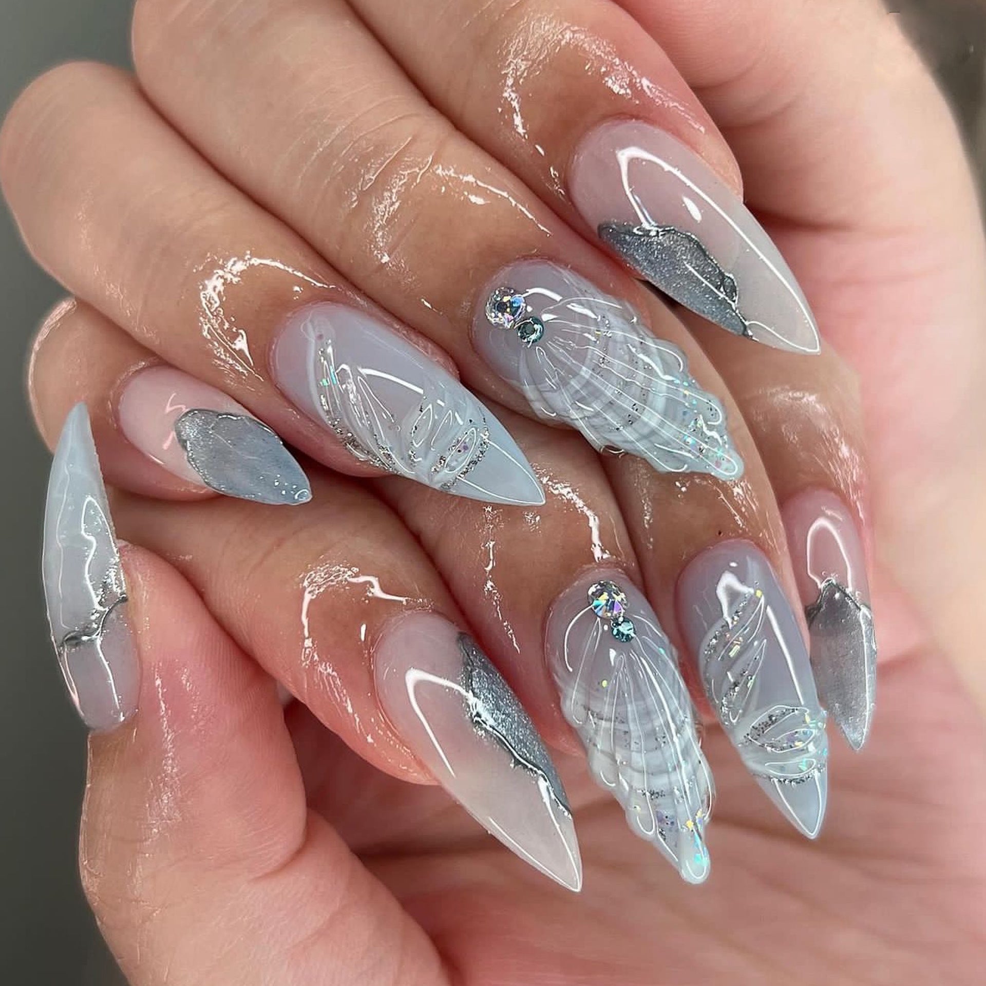 French 3D Water Ripple Gradient Water Drop Shell Series  Stiletto Press on Nails - NoirNail