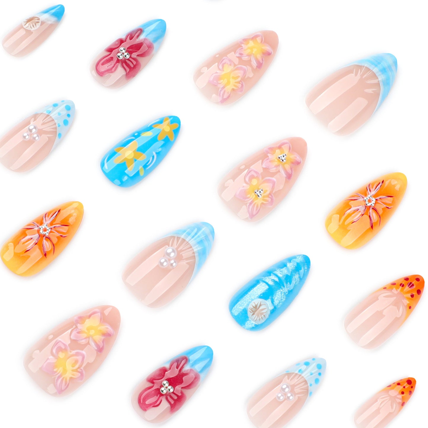 Tropical Flowers Almond 24PCS Free Size Press on Nails JP3900