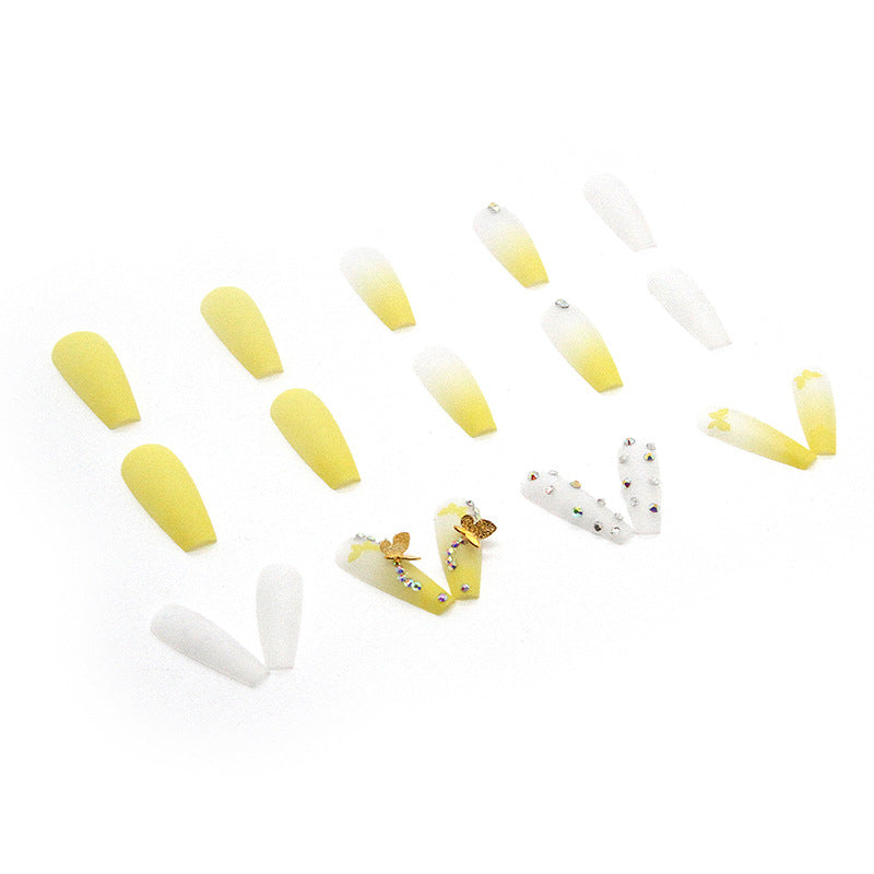 Yellow Butterfly Rhinestone Extra Long Coffin Press On Nails - NoirNail