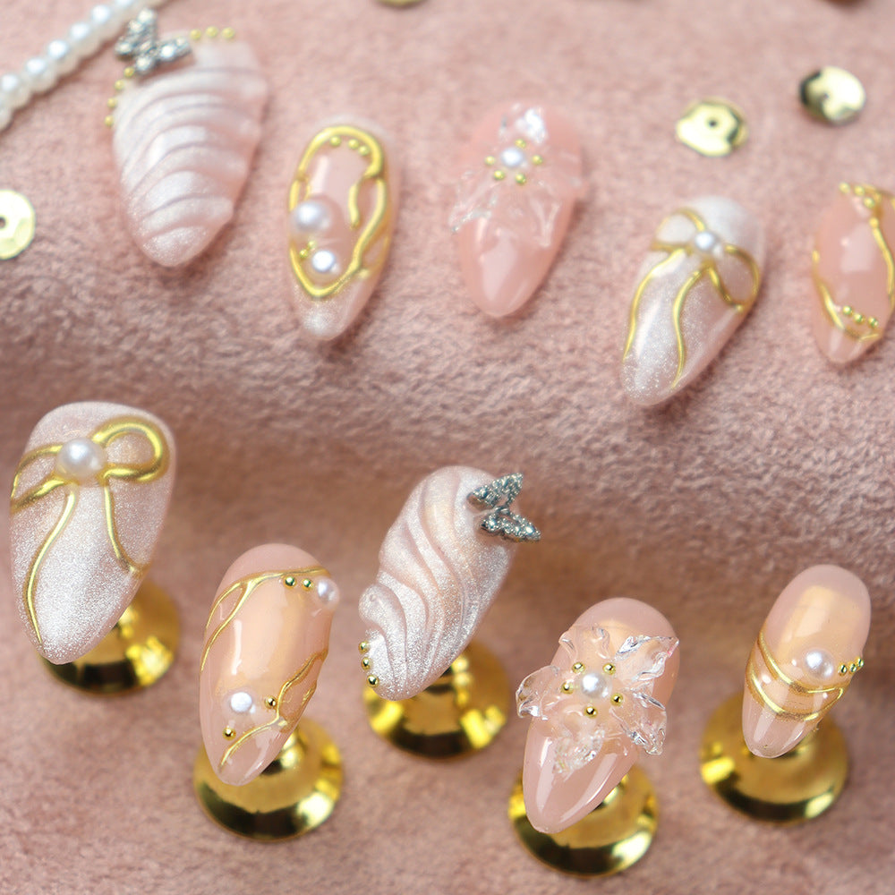 Gold Bow Cat Eye Handmade Almond  Nails  A913 - NoirNail