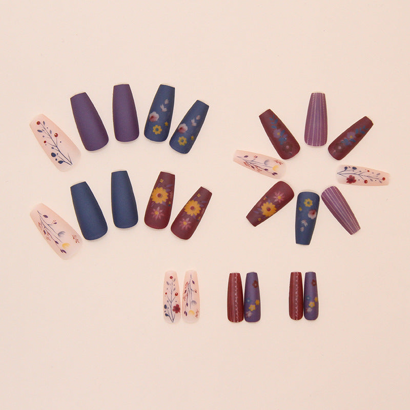 Retro Frosted Floral Stripes Coffin 24PCS Free Size Press on Nails W1809