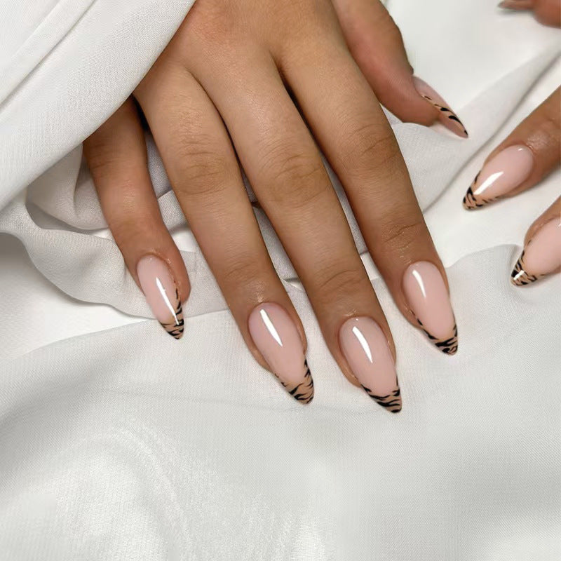 Zebra Print Clean French Almond 24PCS Free Size Press on Nails W1775