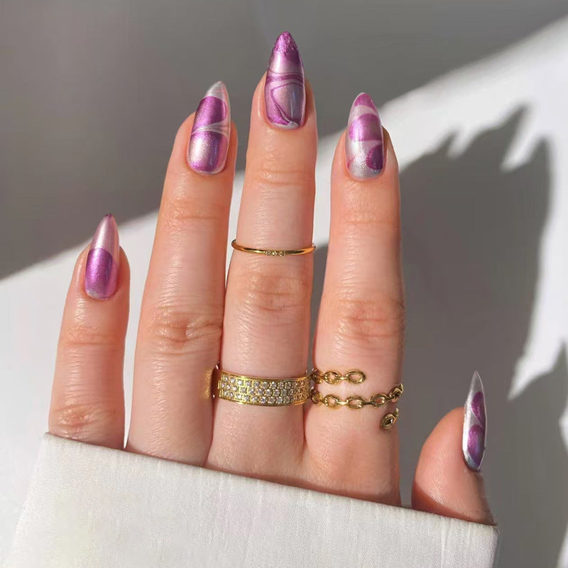 Violet Blooming Flowers Almond 24PCS Free Size Press on Nails W1834