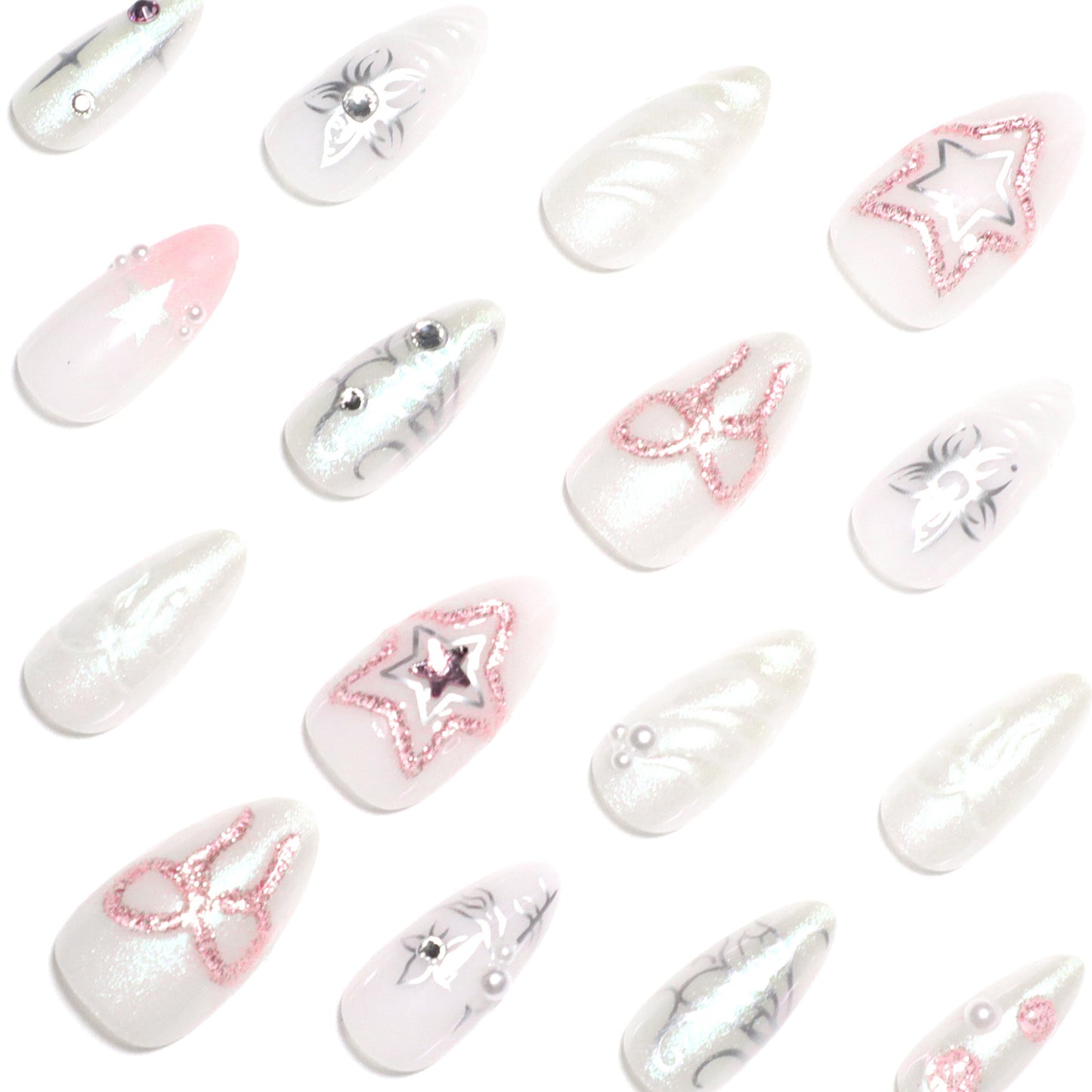 3D Stars Bow Almond 24PCS Free Size Press on Nails JP3847