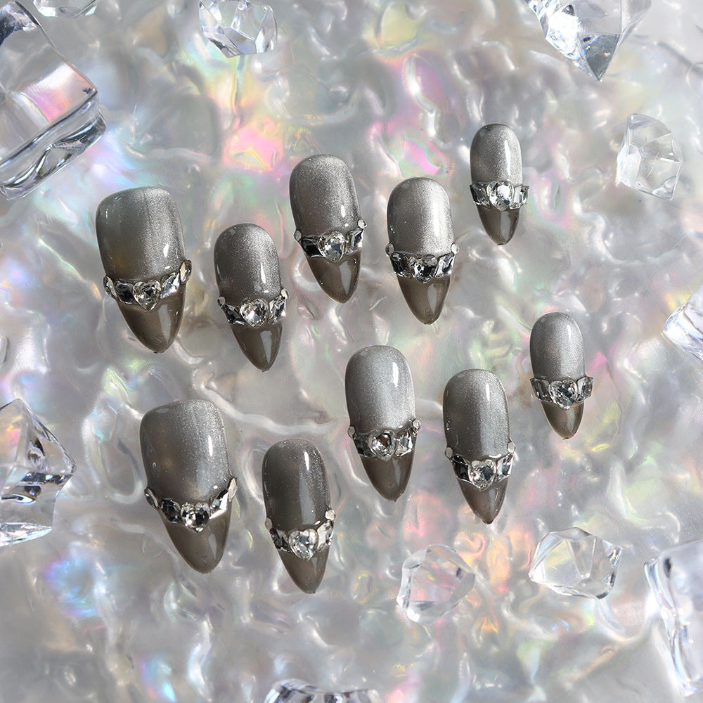 Brown crystal shoes Handmade Almond Press On Nails A672