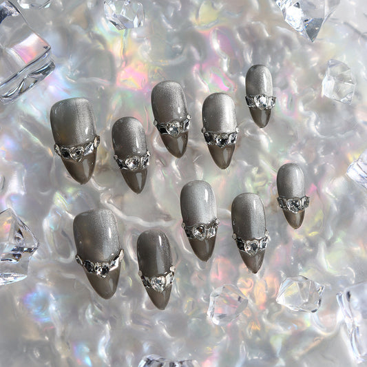 Brown crystal shoes Handmade Almond Press On Nails A672