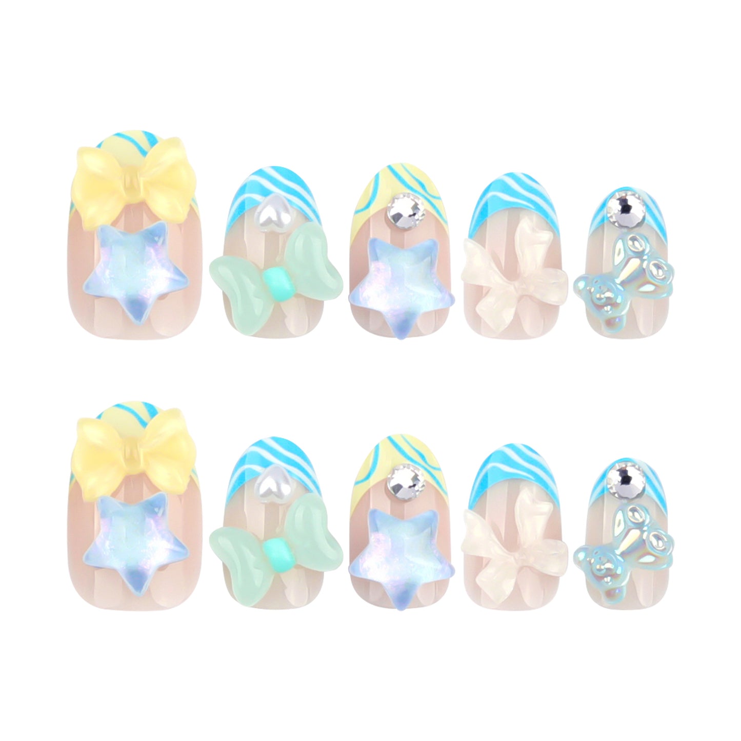 3D Blue and White Striped Bow Rounded 24PCS Free Size Press on Nails JP2798