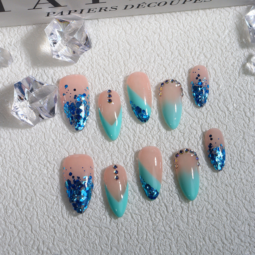 Blue French Tip Y2K Handmade Almond  Nails A588 - NoirNail