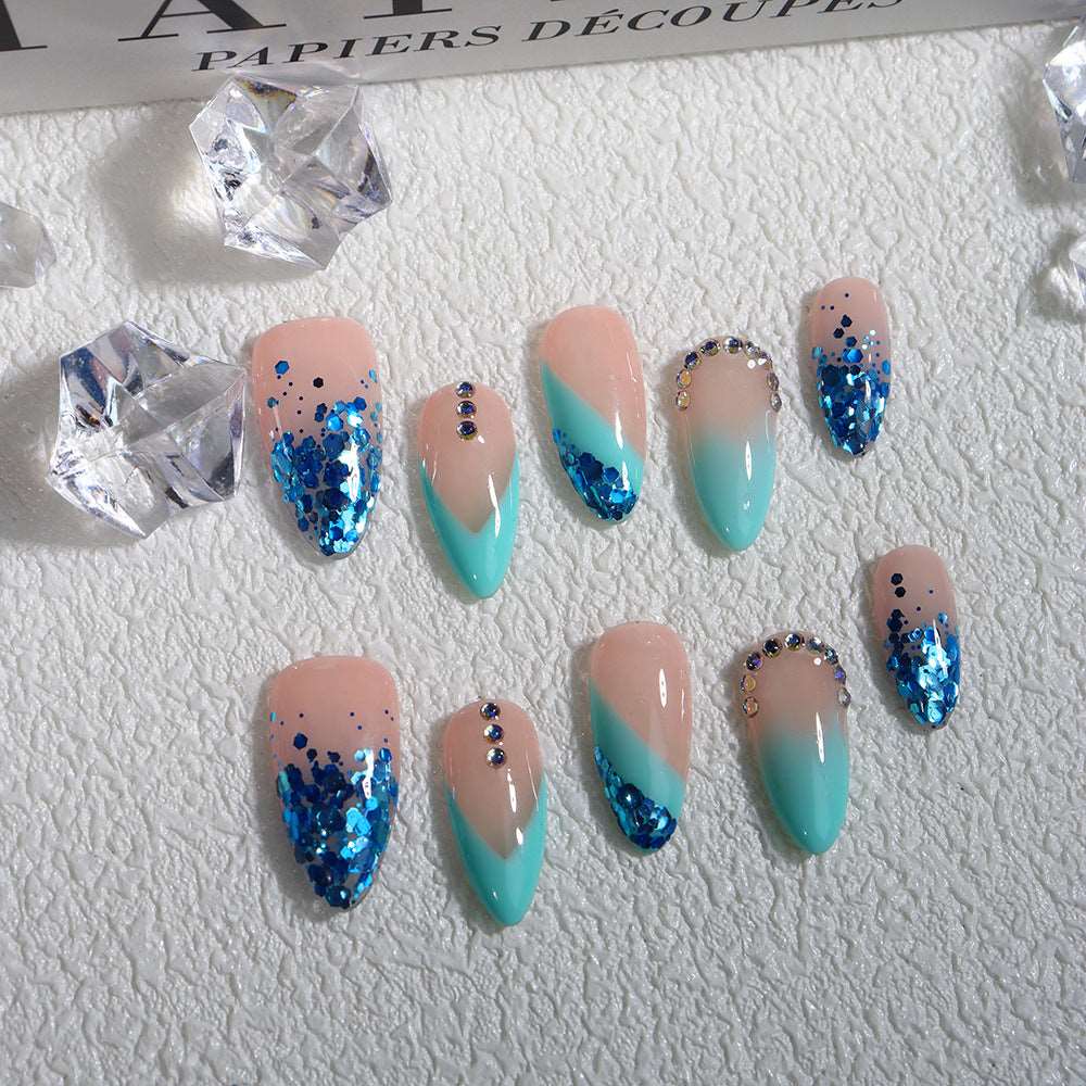 Blue French Tip Y2K Handmade Almond  Nails A588