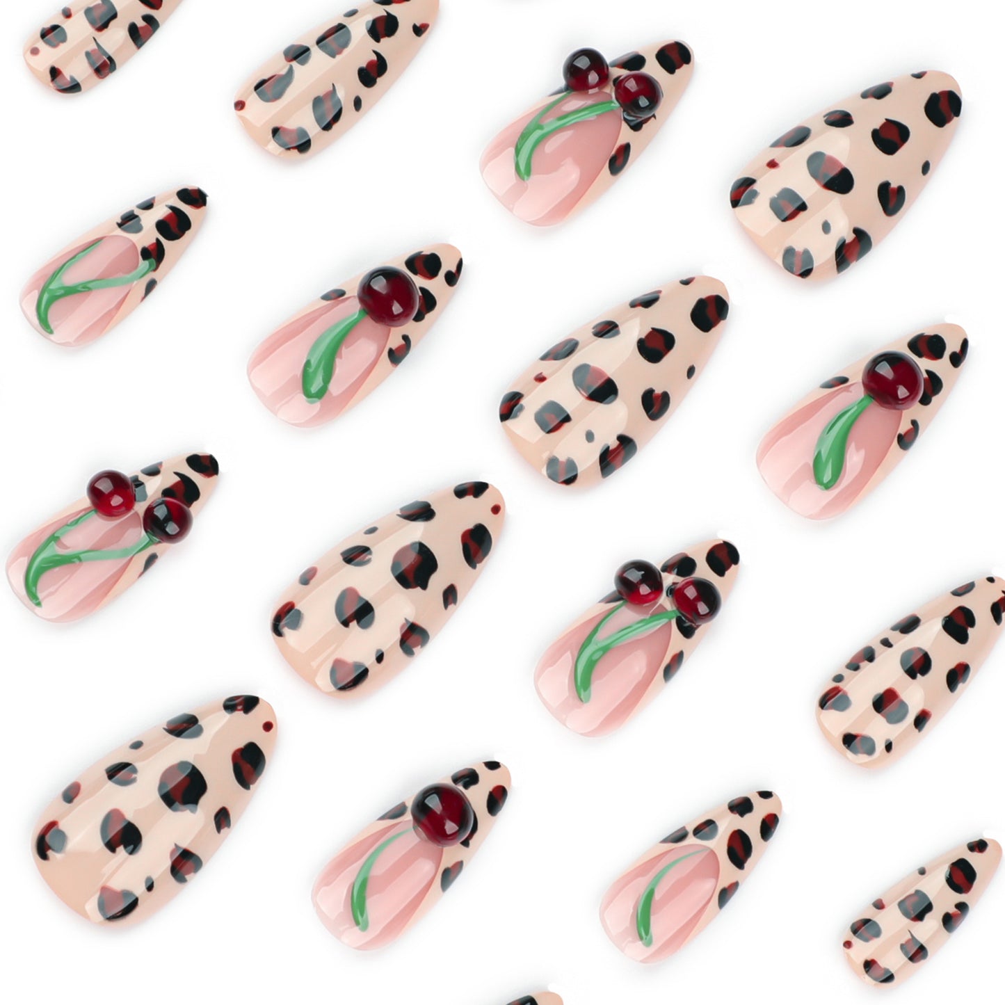 Leopard 3D Cherry Stiletto 24PCS Free Size Press on Nails JP3688