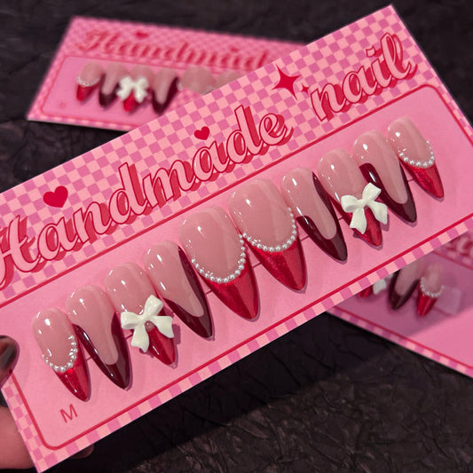 Christmas Red Dancing Shoes French Tip Handmade Almond Nails SP177