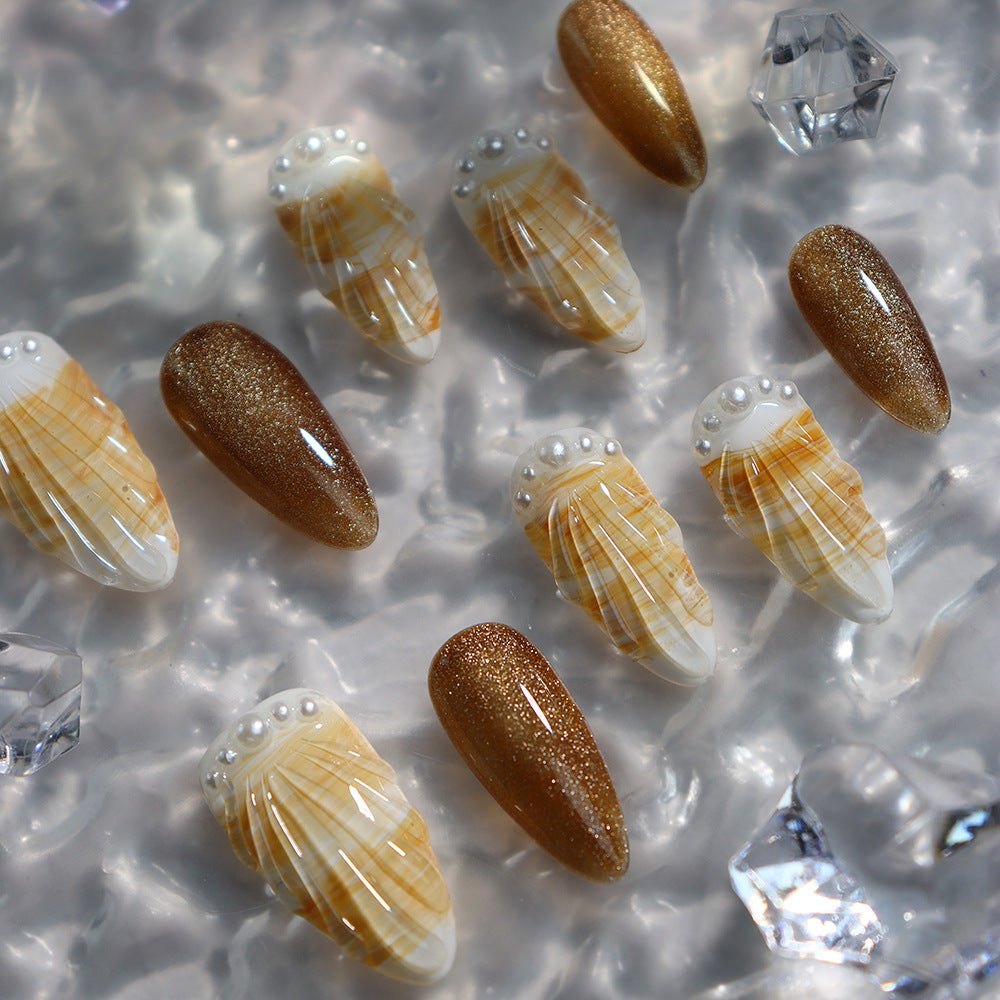 Shell Beach French Tip Handmade Almond  Nails  A707 - NoirNail