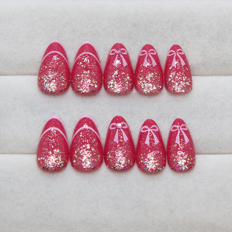 Hollow French Flash Bow Almond 24PCS Free Size Press on Nails  Z1003