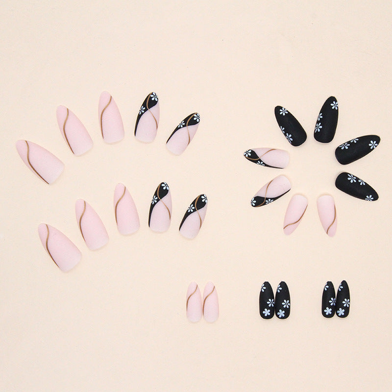 Black Vintage Daisy Almond 24PCS Free Size Press on Nails W316