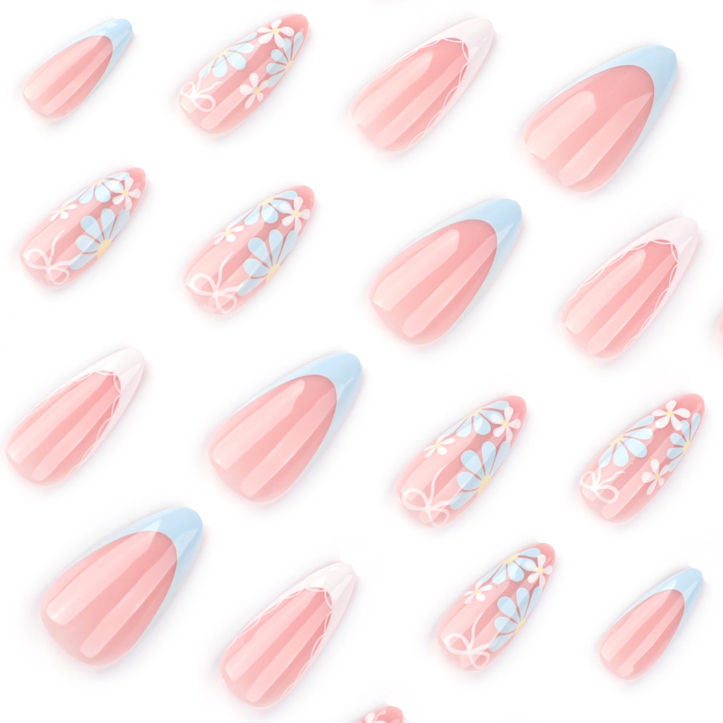 Blue Flower Almond 24PCS Free Size Press on Nails JP3794