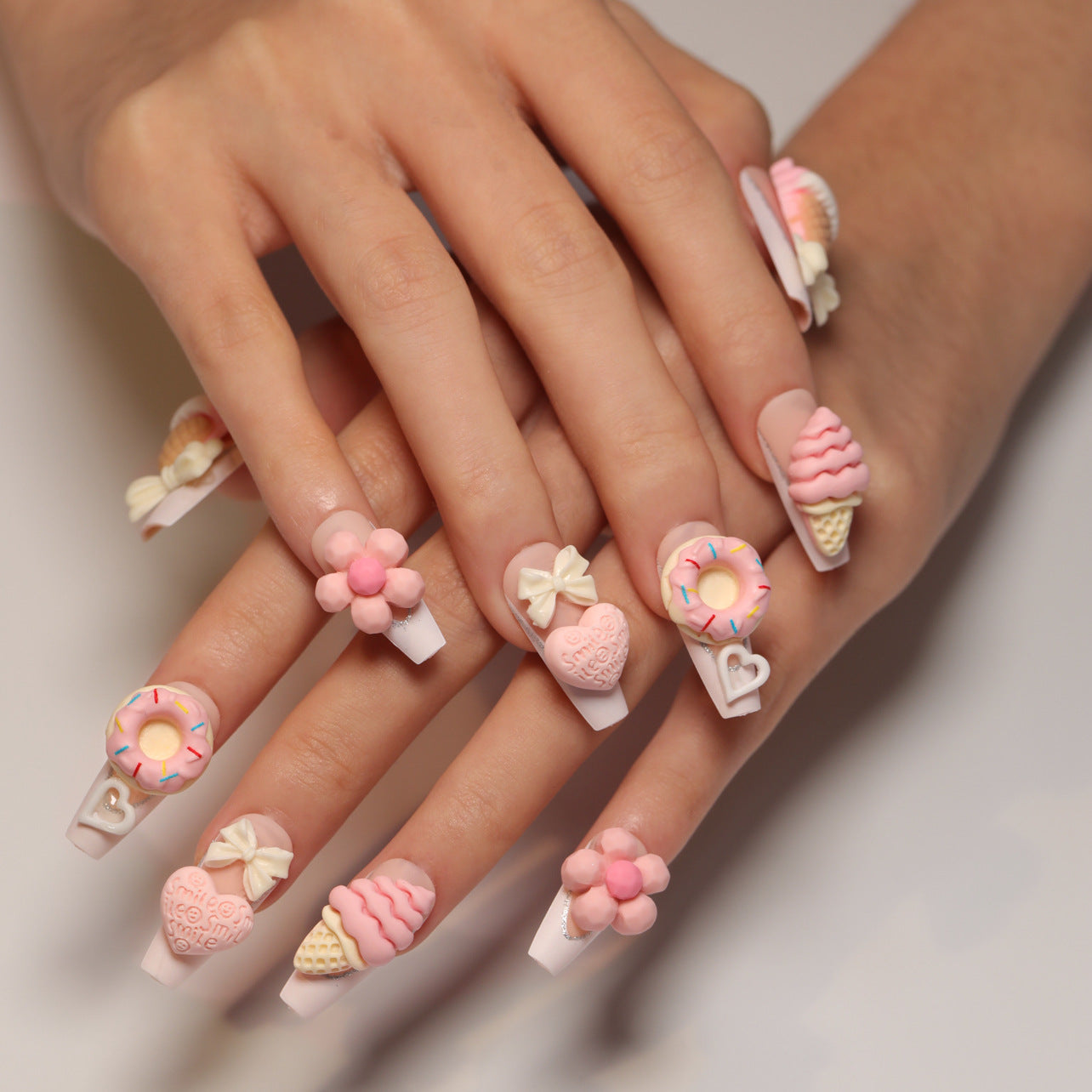 3D Pink Ice Cream Cone Coffin 24PCS Free Size Press on Nails JP2803