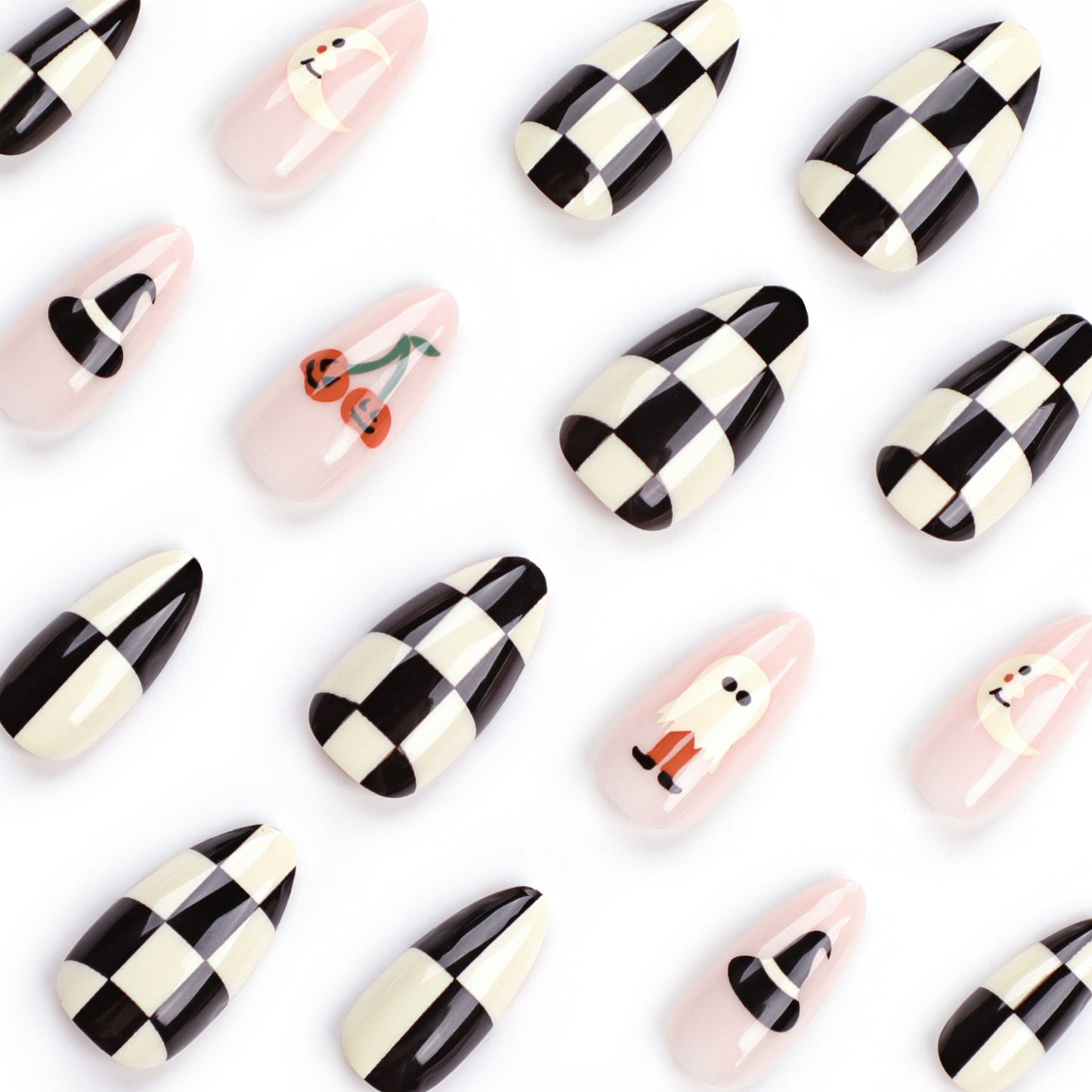 Pumpkin Checkerboard Almond  24PCS Free Size Nails JP3124 - NoirNail