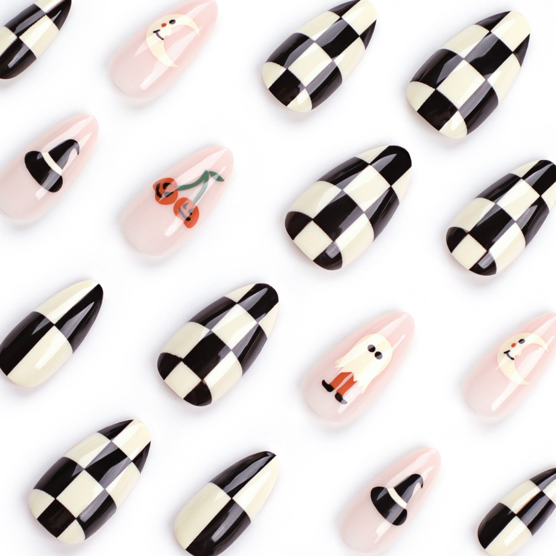 Pumpkin Checkerboard Almond  24PCS Free Size Nails JP3124 - NoirNail