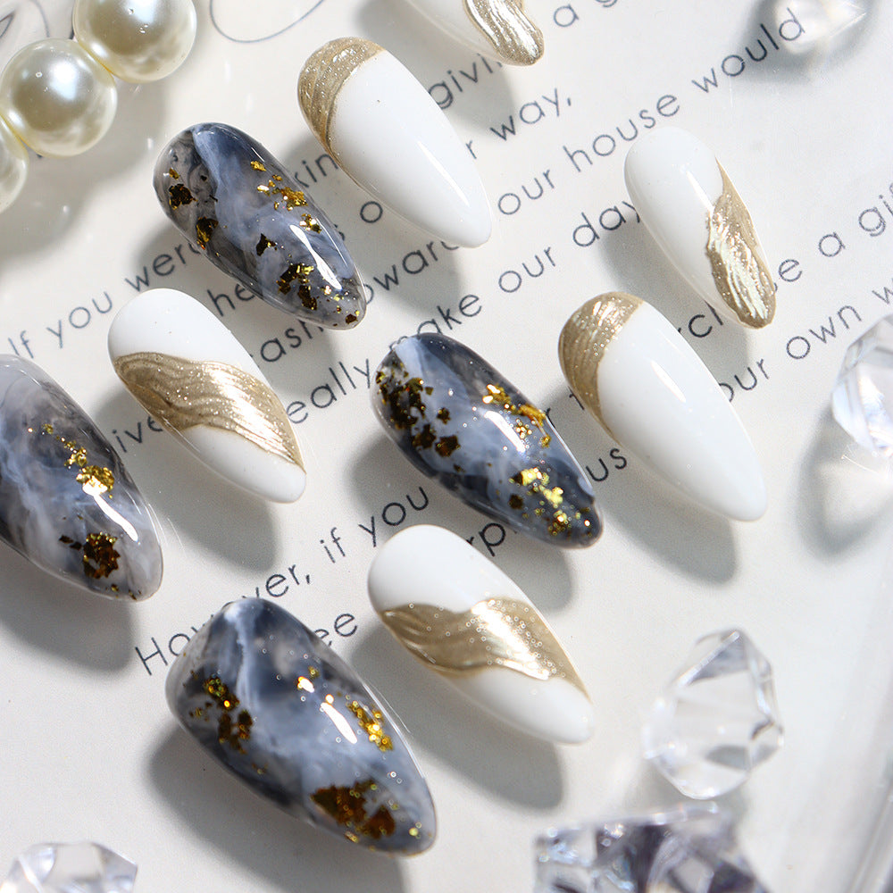 Gold Foil Marble Handmade Almond Press On Nails A571