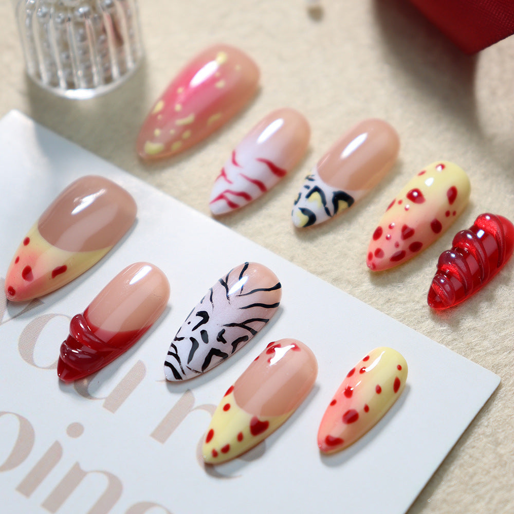 Crimson Zebra Print  French Tip Handmade Almond  Nails A918 - NoirNail