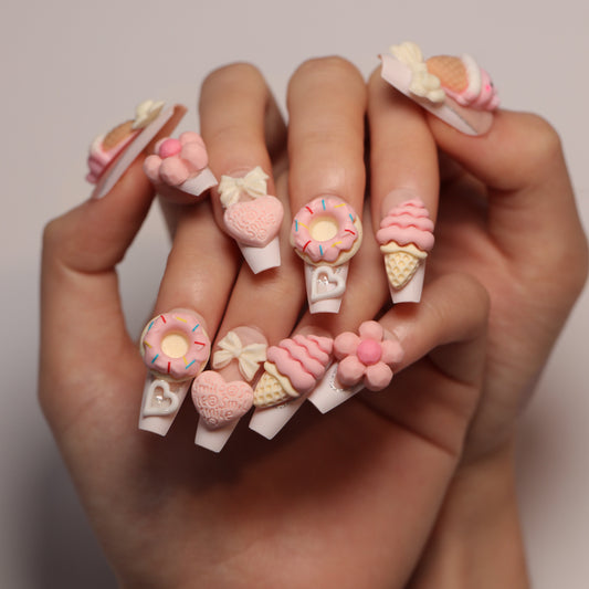 3D Pink Ice Cream Cone Coffin 24PCS Free Size Press on Nails JP2803