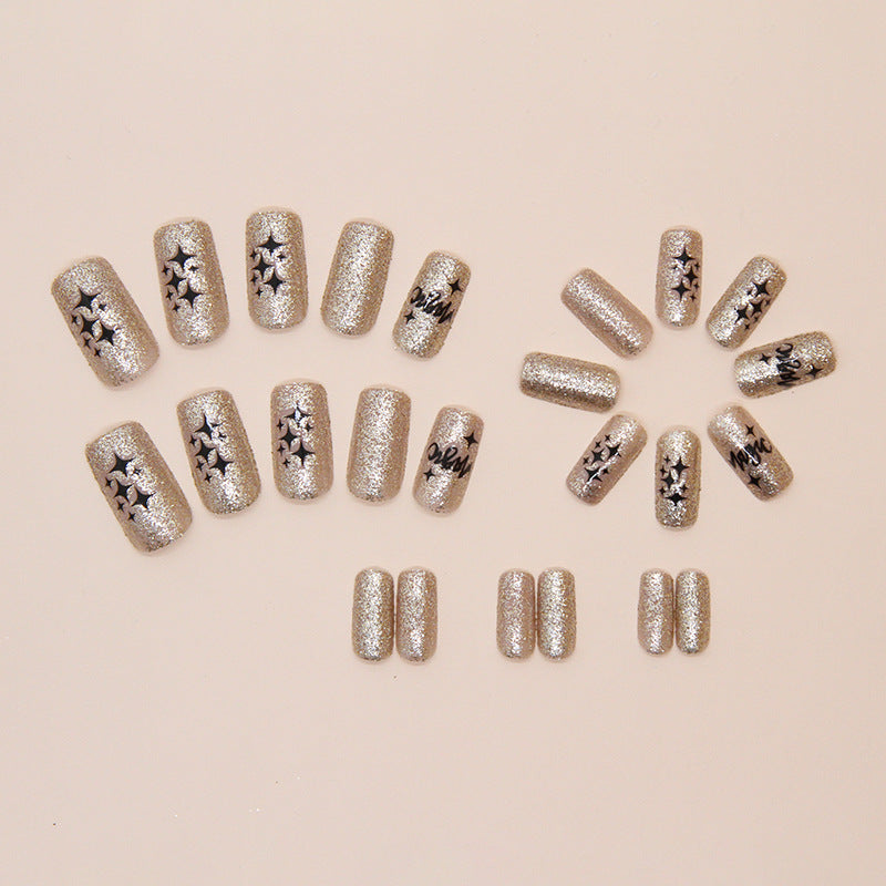 Golden Twinkling Stars Coffin 24PCS Free Size Press on Nails W1825