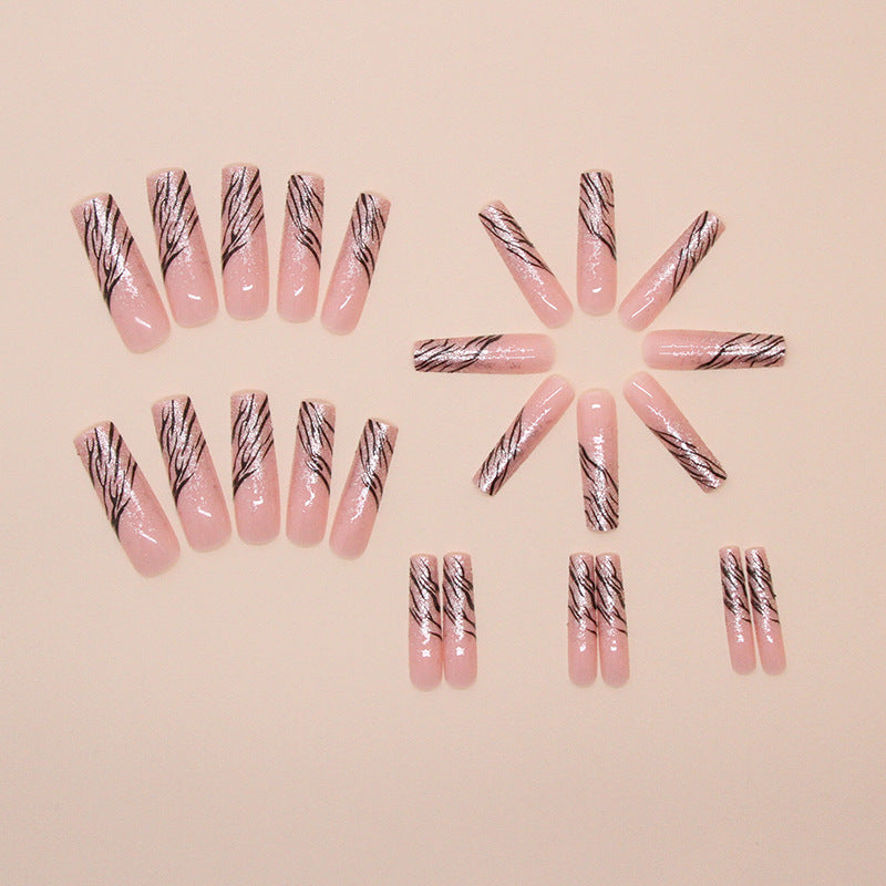 Extra Long Zebra Pattern Deep French Square 24PCS Free Size Press on Nails G014