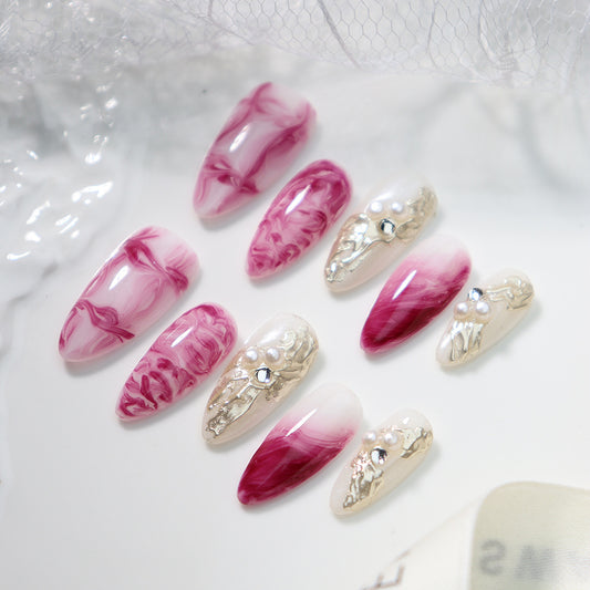 Rose Quicksand Metallic Handmade Almond Press On Nails A767