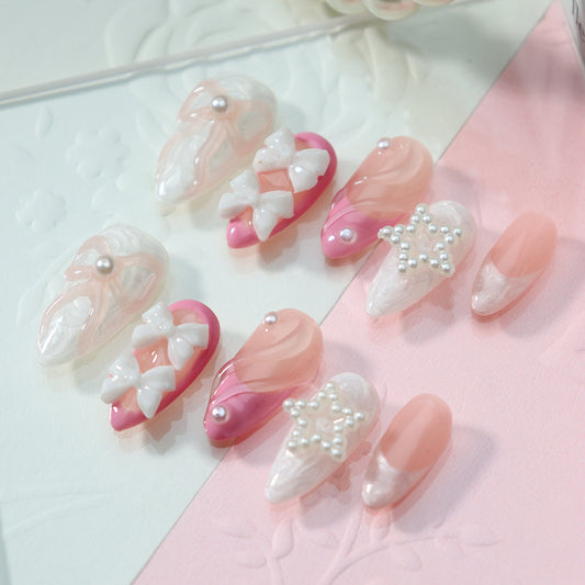 Pink Blush French Tip  Handmade Almond  Nails  A794 - NoirNail